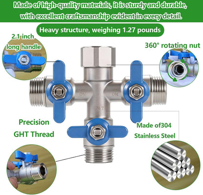 304 Stainless Steel Garden Hose Splitter 2 Way Heavy Duty, Full Flow Hose Y Splitter with Long Handle,Lead-free Y Valve Water Garden Hose Adapter,3/4" GHT Threads