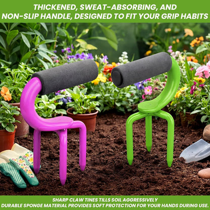 2 Pack Hand Tiller Claw Cultivator, Manganese Steel Soil Loosener with Soft Foam Handle for Raised Garden Beds, Potted Plants & Vegetable Gardening, Purple and Green