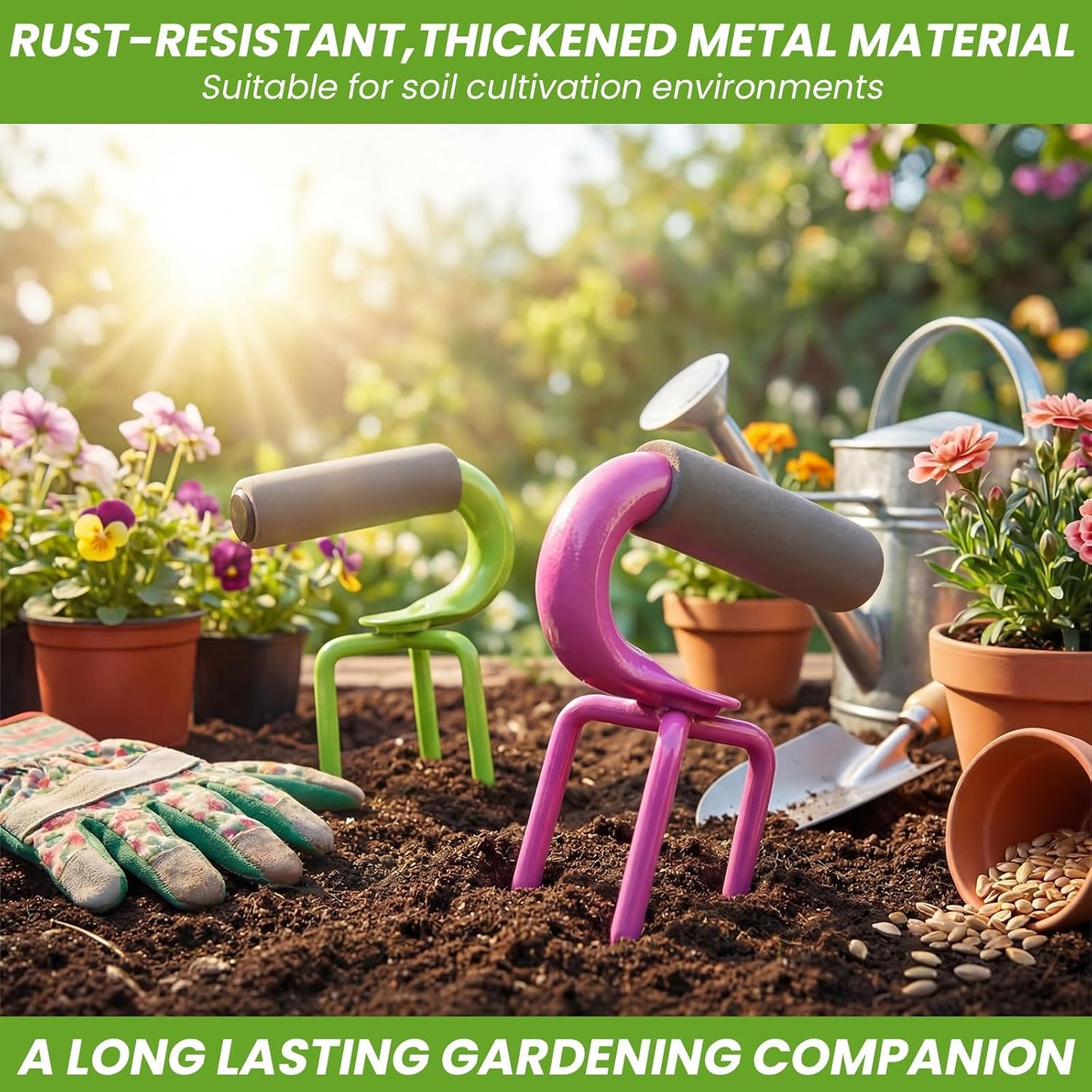 2 Pack Hand Tiller Claw Cultivator, Manganese Steel Soil Loosener with Soft Foam Handle for Raised Garden Beds, Potted Plants & Vegetable Gardening, Purple and Green