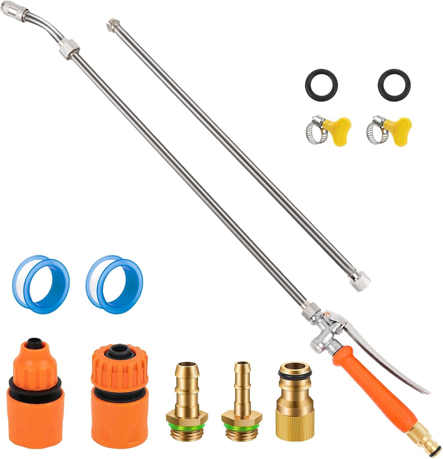 All Metal 44 Inch Replacement Sprayer Wand, Suitable for 1/2" Hose Quick Connector, 1/4" & 3/8" & 1/2" Brass Barb Sprayer Wand, Built-in Shut Valve Stainless Steel, W/2 Hose Clamps & 2 Rolls Raw Tape