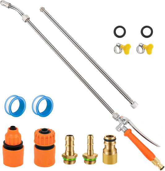 All Metal 44 Inch Replacement Sprayer Wand, Suitable for 1/2" Hose Quick Connector, 1/4" & 3/8" & 1/2" Brass Barb Sprayer Wand, Built-in Shut Valve Stainless Steel, W/2 Hose Clamps & 2 Rolls Raw Tape