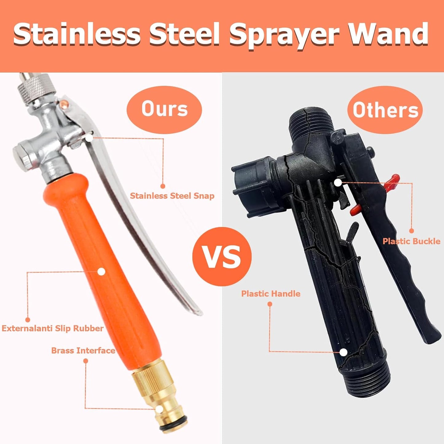 All Metal 44 Inch Replacement Sprayer Wand, Suitable for 1/2" Hose Quick Connector, 1/4" & 3/8" & 1/2" Brass Barb Sprayer Wand, Built-in Shut Valve Stainless Steel, W/2 Hose Clamps & 2 Rolls Raw Tape