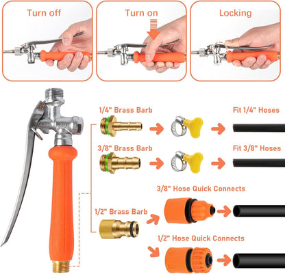 All Metal 44 Inch Replacement Sprayer Wand, Suitable for 1/2" Hose Quick Connector, 1/4" & 3/8" & 1/2" Brass Barb Sprayer Wand, Built-in Shut Valve Stainless Steel, W/2 Hose Clamps & 2 Rolls Raw Tape
