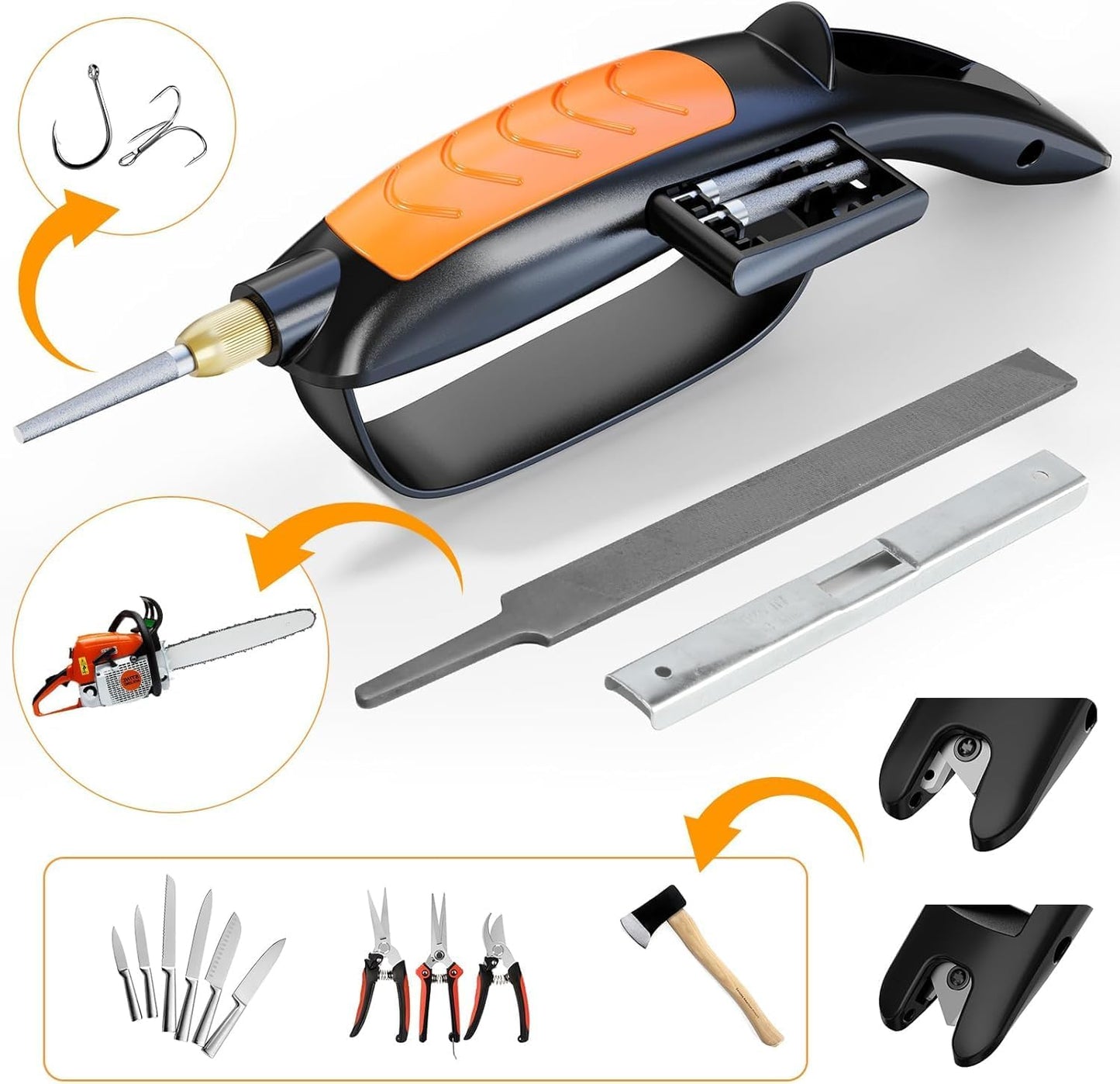 Garden Tool & Knife Sharpener, All-in-1 Kitchen Sharpening Tool-Orange