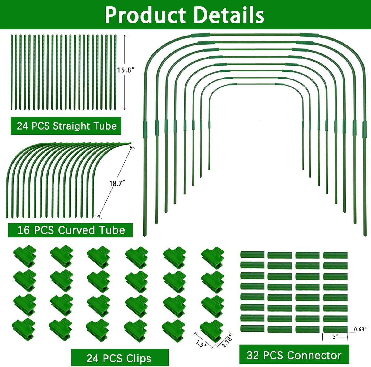 8 Sets 41.3"x32" Greenhouse Hoops Grow Tunnel for Garden Plants and Raised Beds,Durable Removable Rust-Free Steel Coated Frame Garden Hoops Kit with 24 Clips,Row Cover Hoops for Outdoor Vegetable