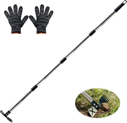 Weed Puller Tool with Long Handle, Heavy Duty 2 in 1 Manual Weed Rake and Garden Hoe, 58 Inch Multi Functional Weed Remover Weeding Tool, Gardening Weeder Tools for Yard, Lawn, Patio, Garden