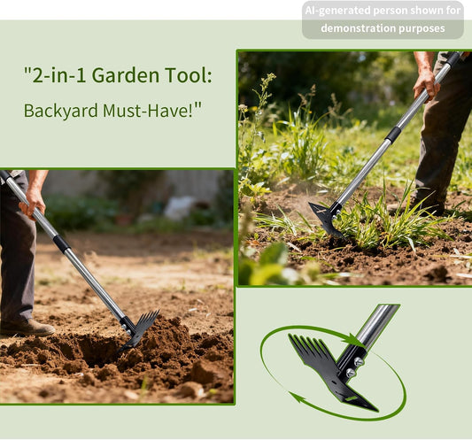 Weed Puller Tool with Long Handle, Heavy Duty 2 in 1 Manual Weed Rake and Garden Hoe, 58 Inch Multi Functional Weed Remover Weeding Tool, Gardening Weeder Tools for Yard, Lawn, Patio, Garden