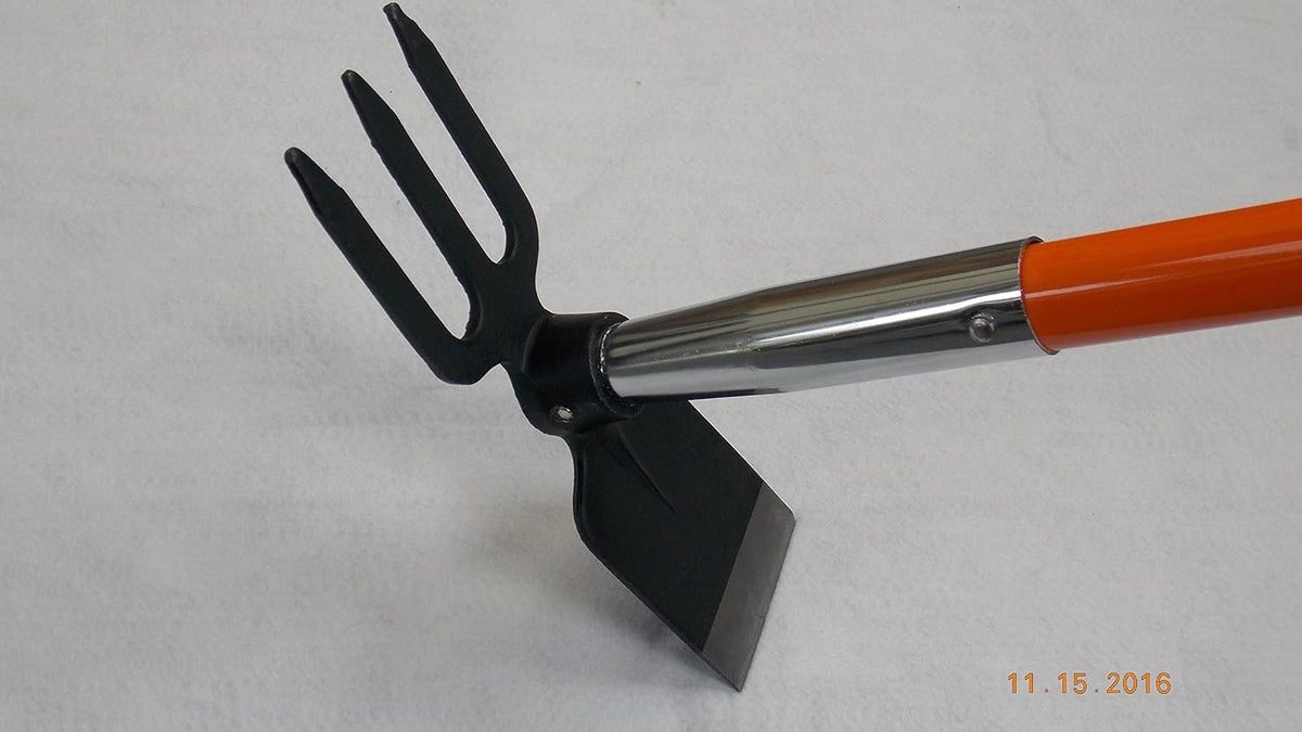3-Prong Cultivator Hoe with Dual Heads for Weeding & Cultivating and Planting, Black, Garden Tool, Garden Hoe, Manual, American Fiberglass Handle. Assembled in USA.