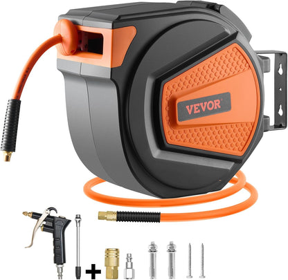Retractable Air Hose Reel, 3/8IN x 65FT Hybrid Air Hose Max 300PSI, Air Compressor Hose Reel Auto-Rewind with 6.6 FT Lead in, Ceiling/Wall Mount Enclosed PP Reel & Built-in 180° Swivel Bracket
