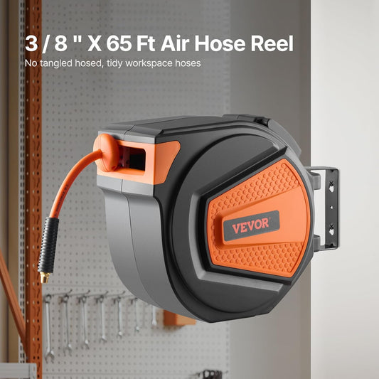 Retractable Air Hose Reel, 3/8IN x 65FT Hybrid Air Hose Max 300PSI, Air Compressor Hose Reel Auto-Rewind with 6.6 FT Lead in, Ceiling/Wall Mount Enclosed PP Reel & Built-in 180° Swivel Bracket