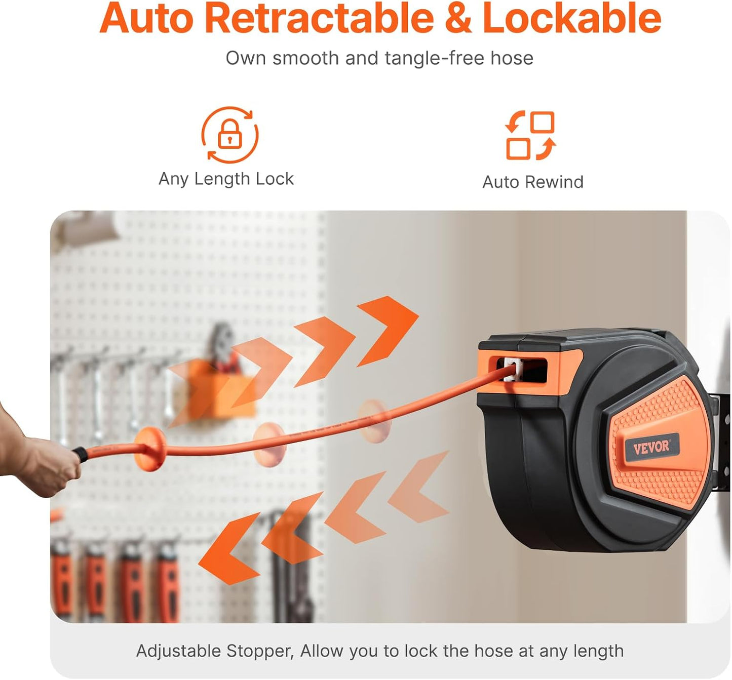 Retractable Air Hose Reel, 3/8IN x 65FT Hybrid Air Hose Max 300PSI, Air Compressor Hose Reel Auto-Rewind with 6.6 FT Lead in, Ceiling/Wall Mount Enclosed PP Reel & Built-in 180° Swivel Bracket