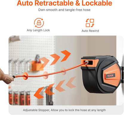 Retractable Air Hose Reel, 3/8IN x 65FT Hybrid Air Hose Max 300PSI, Air Compressor Hose Reel Auto-Rewind with 6.6 FT Lead in, Ceiling/Wall Mount Enclosed PP Reel & Built-in 180° Swivel Bracket