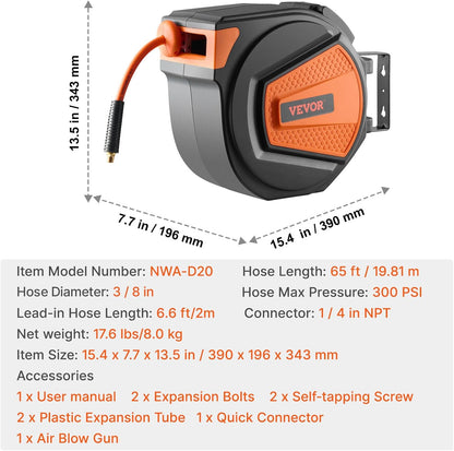 Retractable Air Hose Reel, 3/8IN x 65FT Hybrid Air Hose Max 300PSI, Air Compressor Hose Reel Auto-Rewind with 6.6 FT Lead in, Ceiling/Wall Mount Enclosed PP Reel & Built-in 180° Swivel Bracket