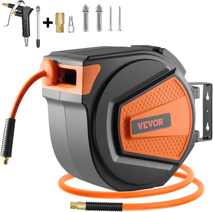 Retractable Air Hose Reel, 3/8IN x 65FT Hybrid Air Hose Max 300PSI, Air Compressor Hose Reel Auto-Rewind with 6.6 FT Lead in, Ceiling/Wall Mount Enclosed PP Reel & Built-in 180° Swivel Bracket