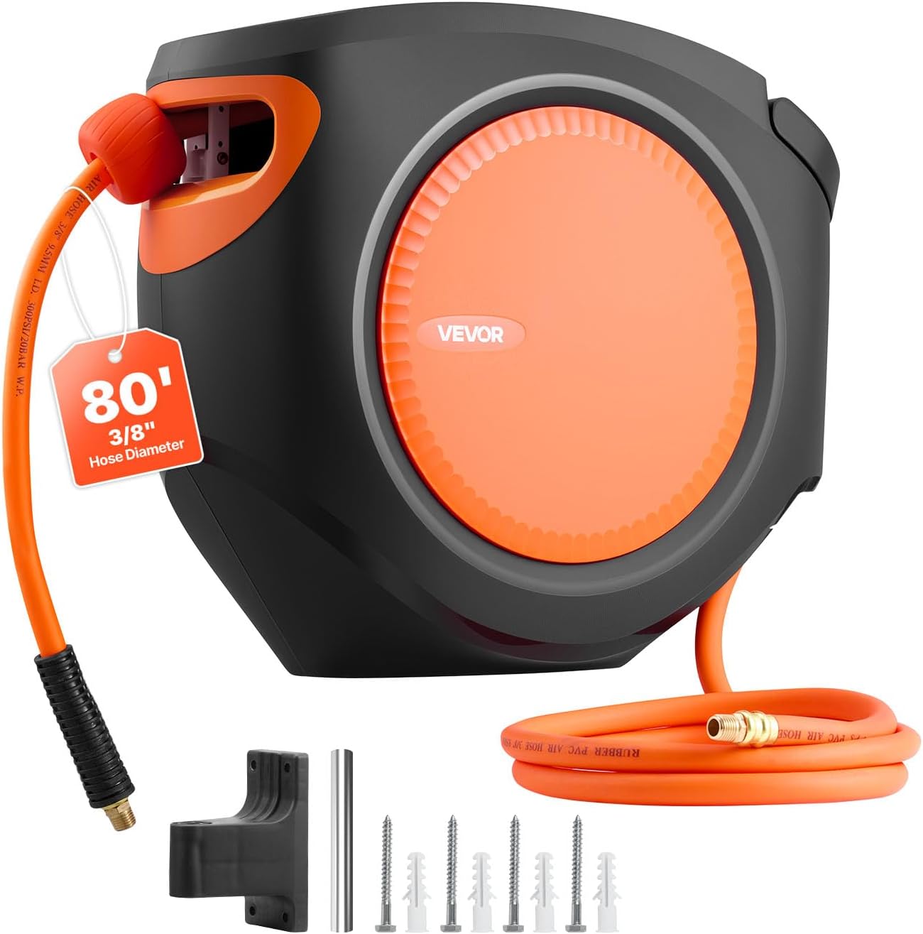 Retractable Air Hose Reel, 3/8IN x 65FT Hybrid Air Hose Max 300PSI, Air Compressor Hose Reel Auto-Rewind with 6.6 FT Lead in, Ceiling/Wall Mount Enclosed PP Reel & Built-in 180° Swivel Bracket