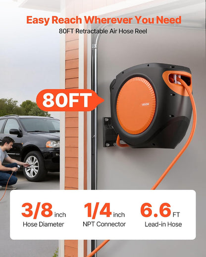 Retractable Air Hose Reel, 3/8IN x 65FT Hybrid Air Hose Max 300PSI, Air Compressor Hose Reel Auto-Rewind with 6.6 FT Lead in, Ceiling/Wall Mount Enclosed PP Reel & Built-in 180° Swivel Bracket