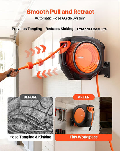 Retractable Air Hose Reel, 3/8IN x 65FT Hybrid Air Hose Max 300PSI, Air Compressor Hose Reel Auto-Rewind with 6.6 FT Lead in, Ceiling/Wall Mount Enclosed PP Reel & Built-in 180° Swivel Bracket