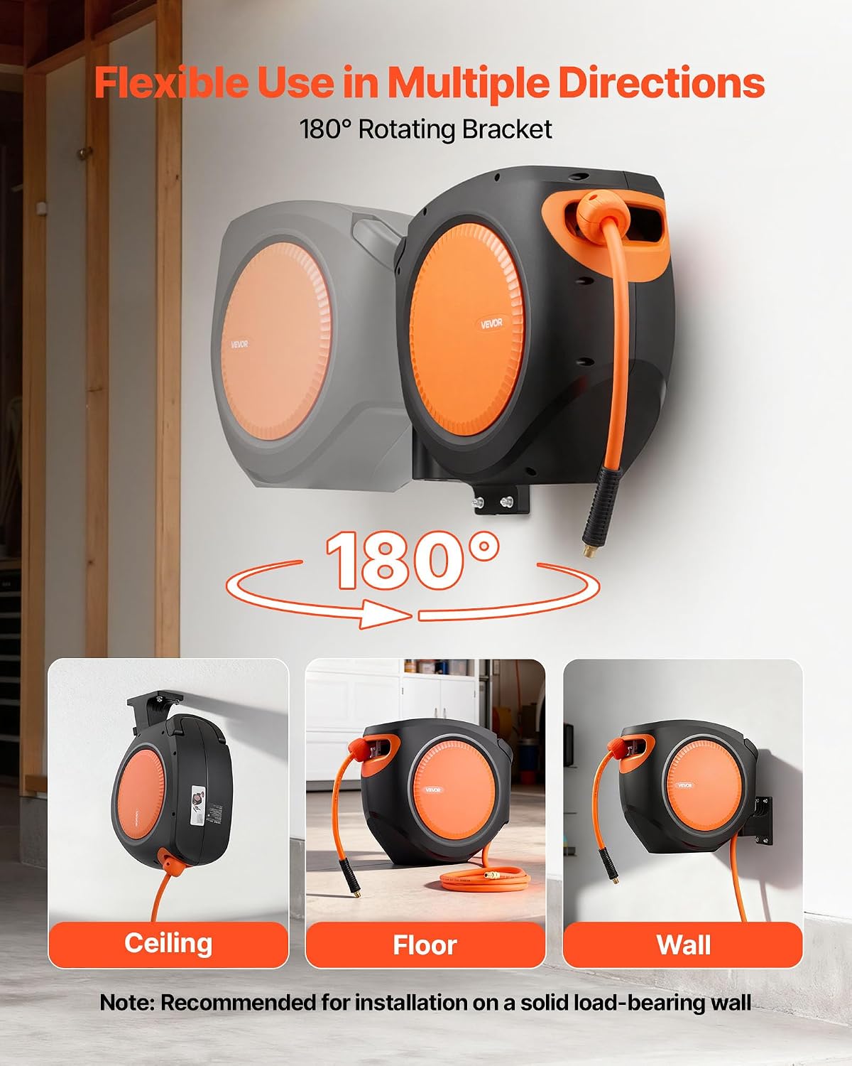Retractable Air Hose Reel, 3/8IN x 65FT Hybrid Air Hose Max 300PSI, Air Compressor Hose Reel Auto-Rewind with 6.6 FT Lead in, Ceiling/Wall Mount Enclosed PP Reel & Built-in 180° Swivel Bracket