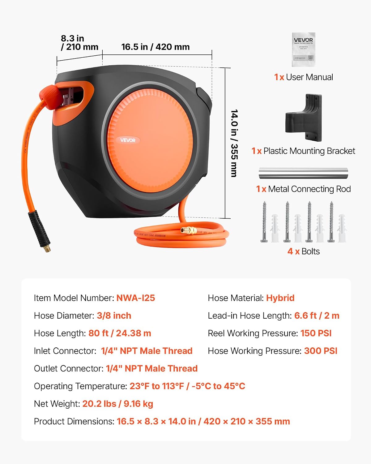 Retractable Air Hose Reel, 3/8IN x 65FT Hybrid Air Hose Max 300PSI, Air Compressor Hose Reel Auto-Rewind with 6.6 FT Lead in, Ceiling/Wall Mount Enclosed PP Reel & Built-in 180° Swivel Bracket