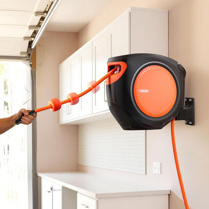 Retractable Air Hose Reel, 3/8IN x 65FT Hybrid Air Hose Max 300PSI, Air Compressor Hose Reel Auto-Rewind with 6.6 FT Lead in, Ceiling/Wall Mount Enclosed PP Reel & Built-in 180° Swivel Bracket
