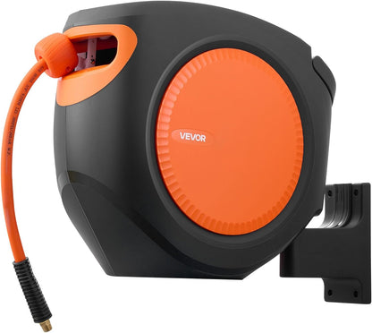 Retractable Air Hose Reel, 3/8IN x 65FT Hybrid Air Hose Max 300PSI, Air Compressor Hose Reel Auto-Rewind with 6.6 FT Lead in, Ceiling/Wall Mount Enclosed PP Reel & Built-in 180° Swivel Bracket
