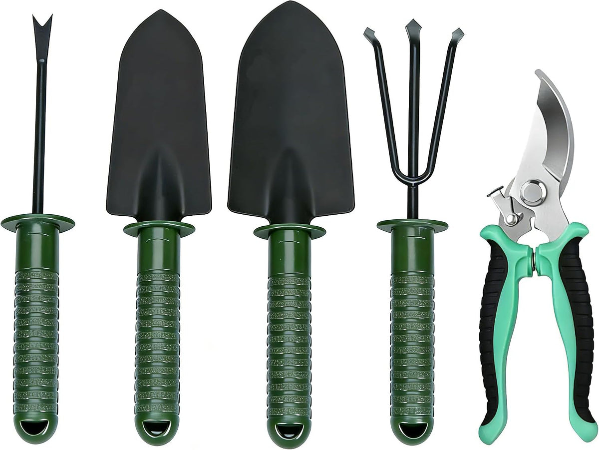 Garden Tools Set, 5 Pack Heavy Duty Gardening Hand Tools with Soft Rubber Handle, Include Garden Shovel, Transplant Trowel，Rakes，Garden Shears for Weeding, Digging, Planting