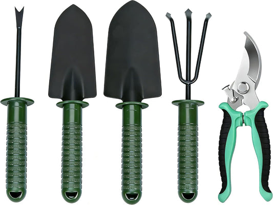 Garden Tools Set, 5 Pack Heavy Duty Gardening Hand Tools with Soft Rubber Handle, Include Garden Shovel, Transplant Trowel，Rakes，Garden Shears for Weeding, Digging, Planting