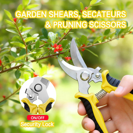 3PCS Garden Pruning Shears Set - Heavy Duty Bypass Pruners, Sharp Stainless Steel Gardening Scissors with Ergonomic Handle, Secateurs for Plants, Flowers, Fruit Trees, Bush Trimming (Yellow)