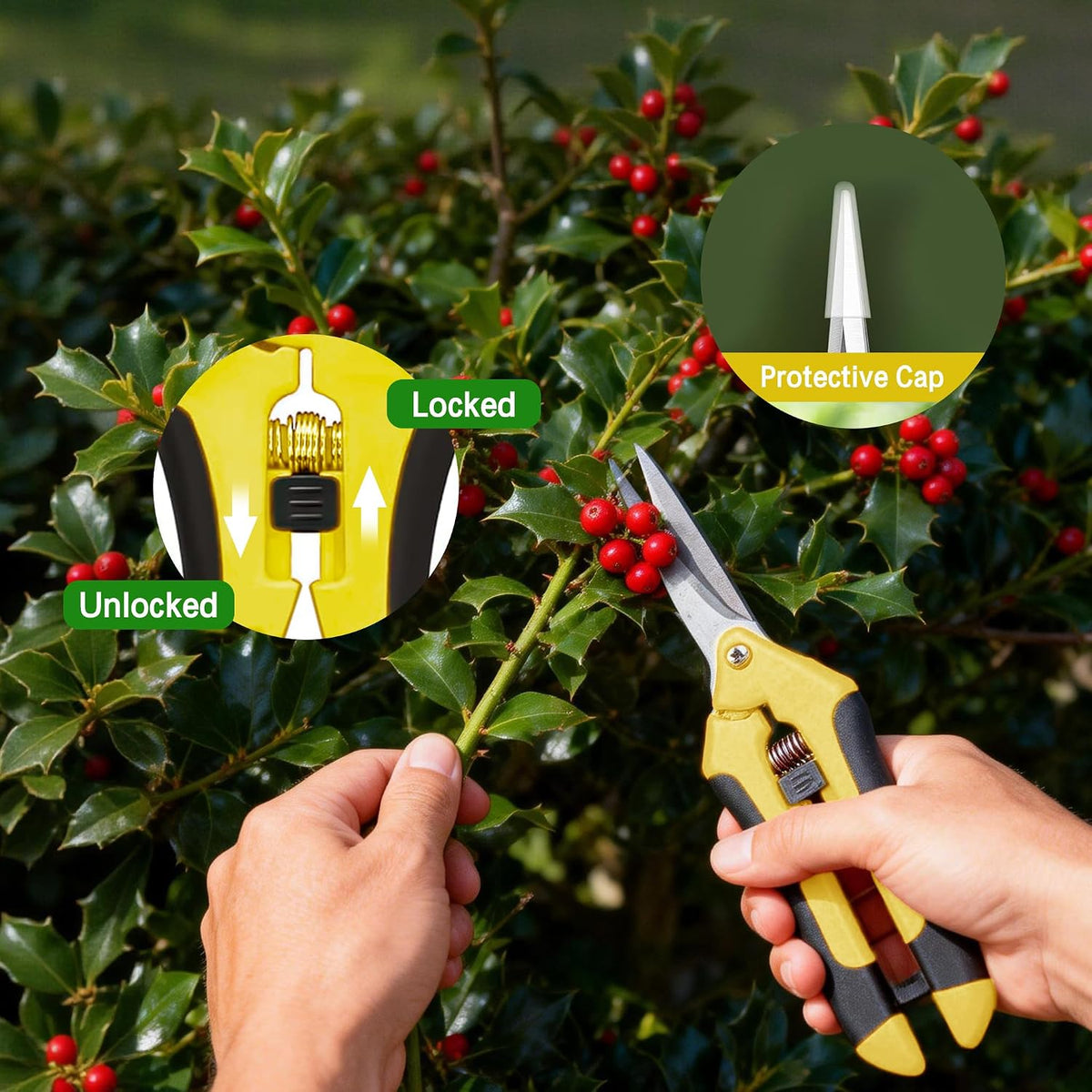 3PCS Garden Pruning Shears Set - Heavy Duty Bypass Pruners, Sharp Stainless Steel Gardening Scissors with Ergonomic Handle, Secateurs for Plants, Flowers, Fruit Trees, Bush Trimming (Yellow)