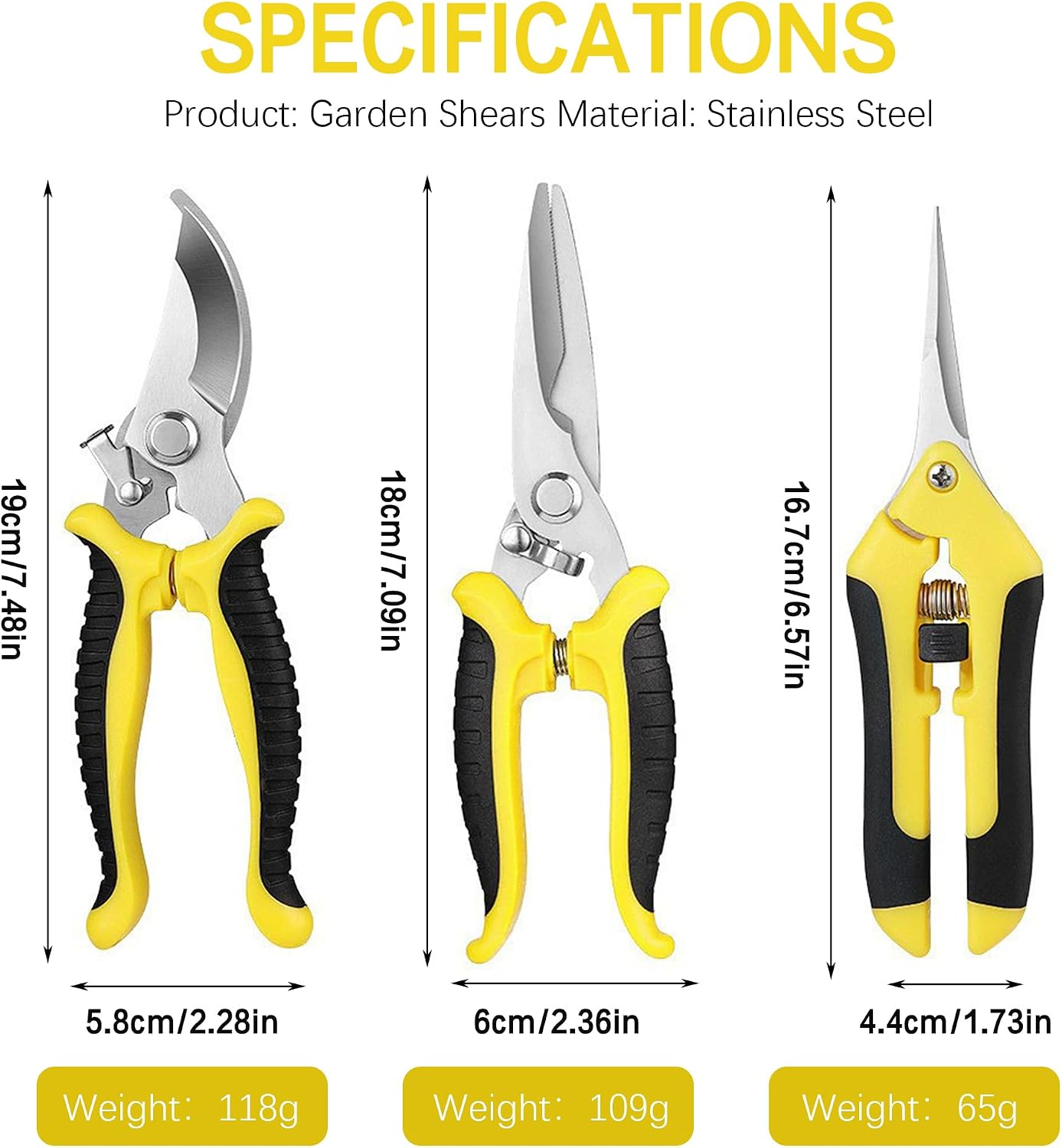3PCS Garden Pruning Shears Set - Heavy Duty Bypass Pruners, Sharp Stainless Steel Gardening Scissors with Ergonomic Handle, Secateurs for Plants, Flowers, Fruit Trees, Bush Trimming (Yellow)