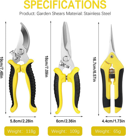 3PCS Garden Pruning Shears Set - Heavy Duty Bypass Pruners, Sharp Stainless Steel Gardening Scissors with Ergonomic Handle, Secateurs for Plants, Flowers, Fruit Trees, Bush Trimming (Yellow)