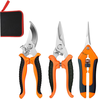 3PCS Garden Pruning Shears Set - Heavy Duty Bypass Pruners, Sharp Stainless Steel Gardening Scissors with Ergonomic Handle, Secateurs for Plants, Flowers, Fruit Trees, Bush Trimming (Yellow)