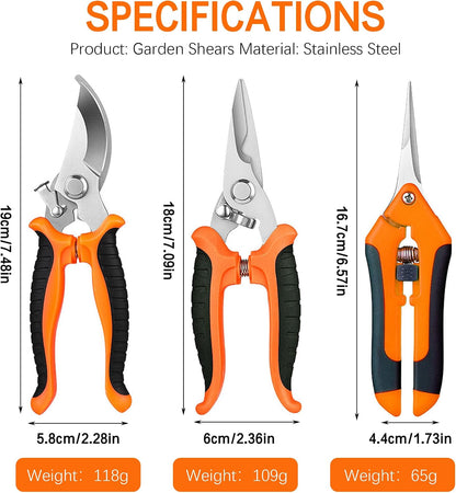 3PCS Garden Pruning Shears Set - Heavy Duty Bypass Pruners, Sharp Stainless Steel Gardening Scissors with Ergonomic Handle, Secateurs for Plants, Flowers, Fruit Trees, Bush Trimming (Yellow)