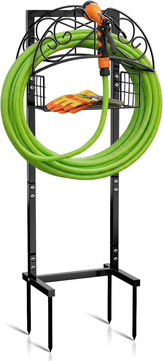 Garden Hose Holder with Basket - 43 Inch Heavy Duty Metal Hose Stand for 150ft Hose, Rust Resistant Freestanding Organizer Rack - No Bend Water Hose Holders for Outside Yard Lawn Tools Storage