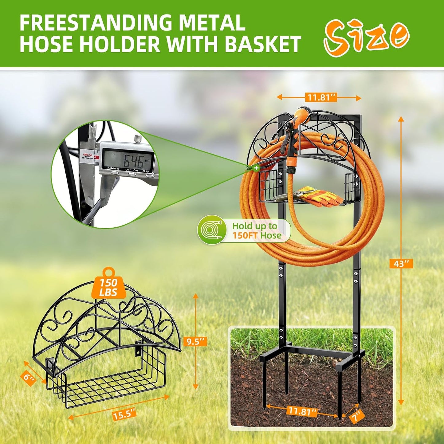 Garden Hose Holder with Basket - 43 Inch Heavy Duty Metal Hose Stand for 150ft Hose, Rust Resistant Freestanding Organizer Rack - No Bend Water Hose Holders for Outside Yard Lawn Tools Storage