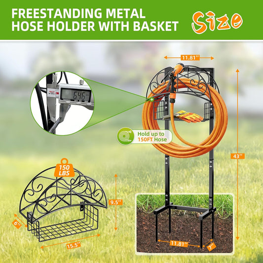 Garden Hose Holder with Basket - 43 Inch Heavy Duty Metal Hose Stand for 150ft Hose, Rust Resistant Freestanding Organizer Rack - No Bend Water Hose Holders for Outside Yard Lawn Tools Storage