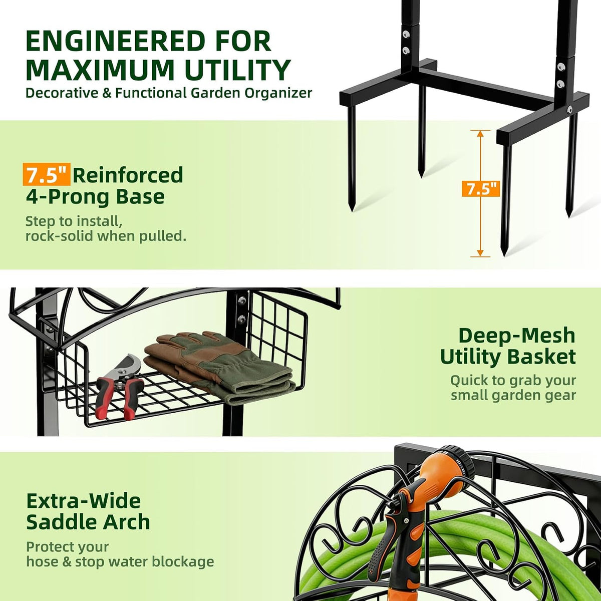 Garden Hose Holder with Basket - 43 Inch Heavy Duty Metal Hose Stand for 150ft Hose, Rust Resistant Freestanding Organizer Rack - No Bend Water Hose Holders for Outside Yard Lawn Tools Storage