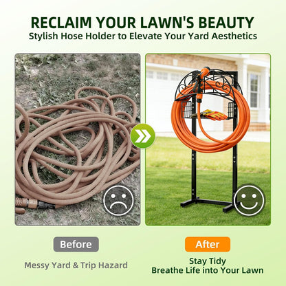 Garden Hose Holder with Basket - 43 Inch Heavy Duty Metal Hose Stand for 150ft Hose, Rust Resistant Freestanding Organizer Rack - No Bend Water Hose Holders for Outside Yard Lawn Tools Storage