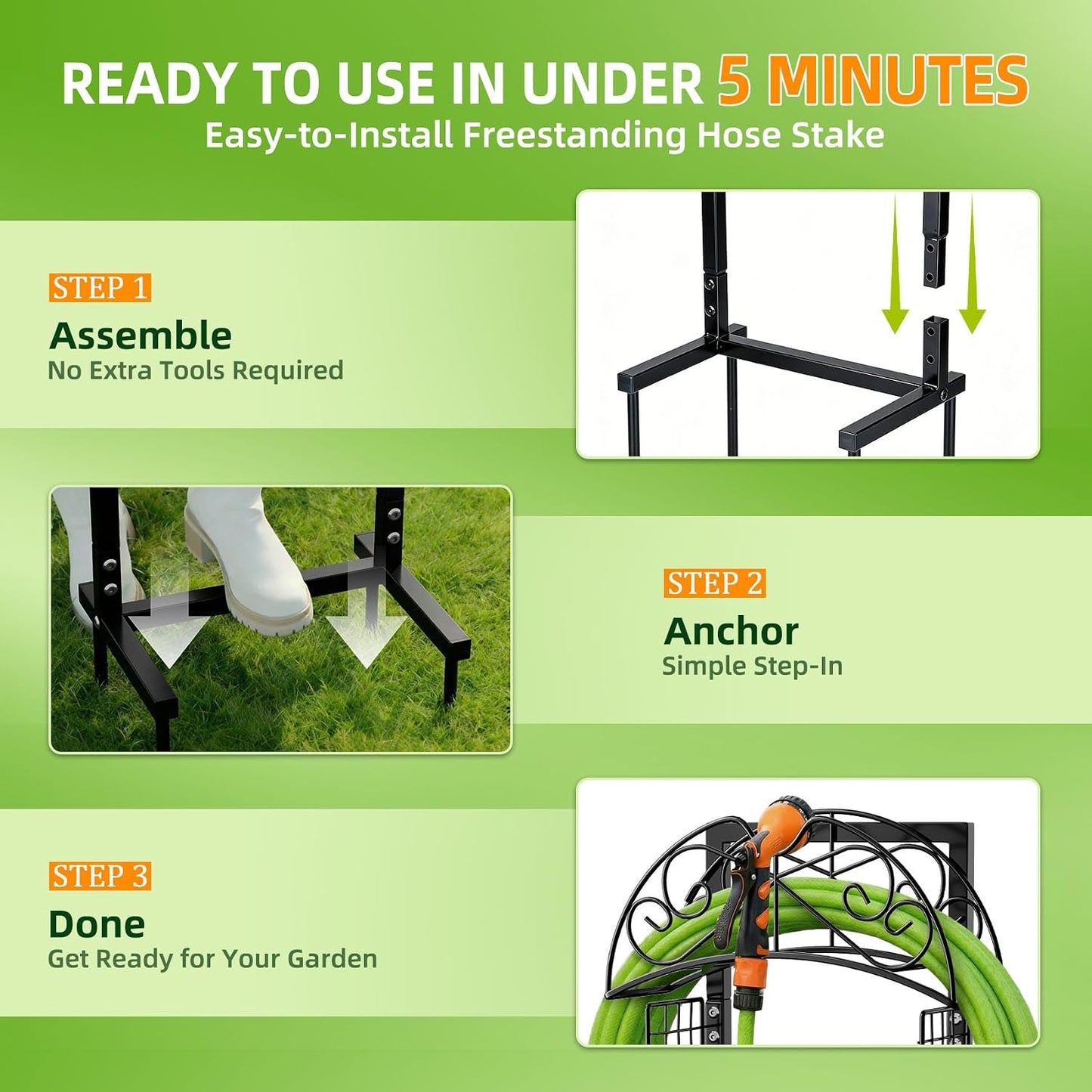Garden Hose Holder with Basket - 43 Inch Heavy Duty Metal Hose Stand for 150ft Hose, Rust Resistant Freestanding Organizer Rack - No Bend Water Hose Holders for Outside Yard Lawn Tools Storage
