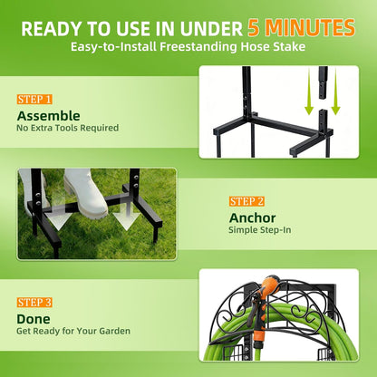 Garden Hose Holder with Basket - 43 Inch Heavy Duty Metal Hose Stand for 150ft Hose, Rust Resistant Freestanding Organizer Rack - No Bend Water Hose Holders for Outside Yard Lawn Tools Storage