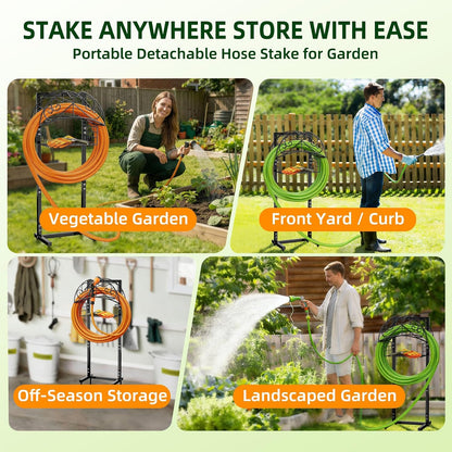 Garden Hose Holder with Basket - 43 Inch Heavy Duty Metal Hose Stand for 150ft Hose, Rust Resistant Freestanding Organizer Rack - No Bend Water Hose Holders for Outside Yard Lawn Tools Storage