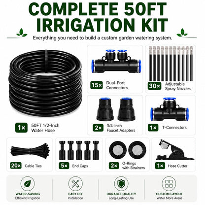 75FT High-Flow Garden Irrigation System, 12mm Main Tubing, 40 Nozzles