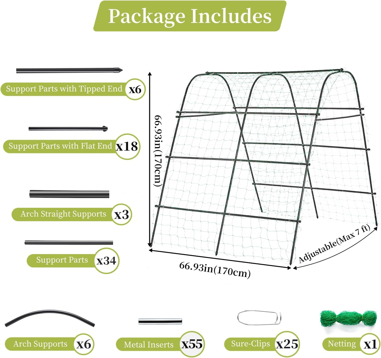 Cucumber Trellis for Raised Bed 67" x 67" U-Frame Garden Arch Tunnel with Netting Vegetable Fruit Flower Lightweight Metal Plant Support for Climbing Plants Outdoor,Black