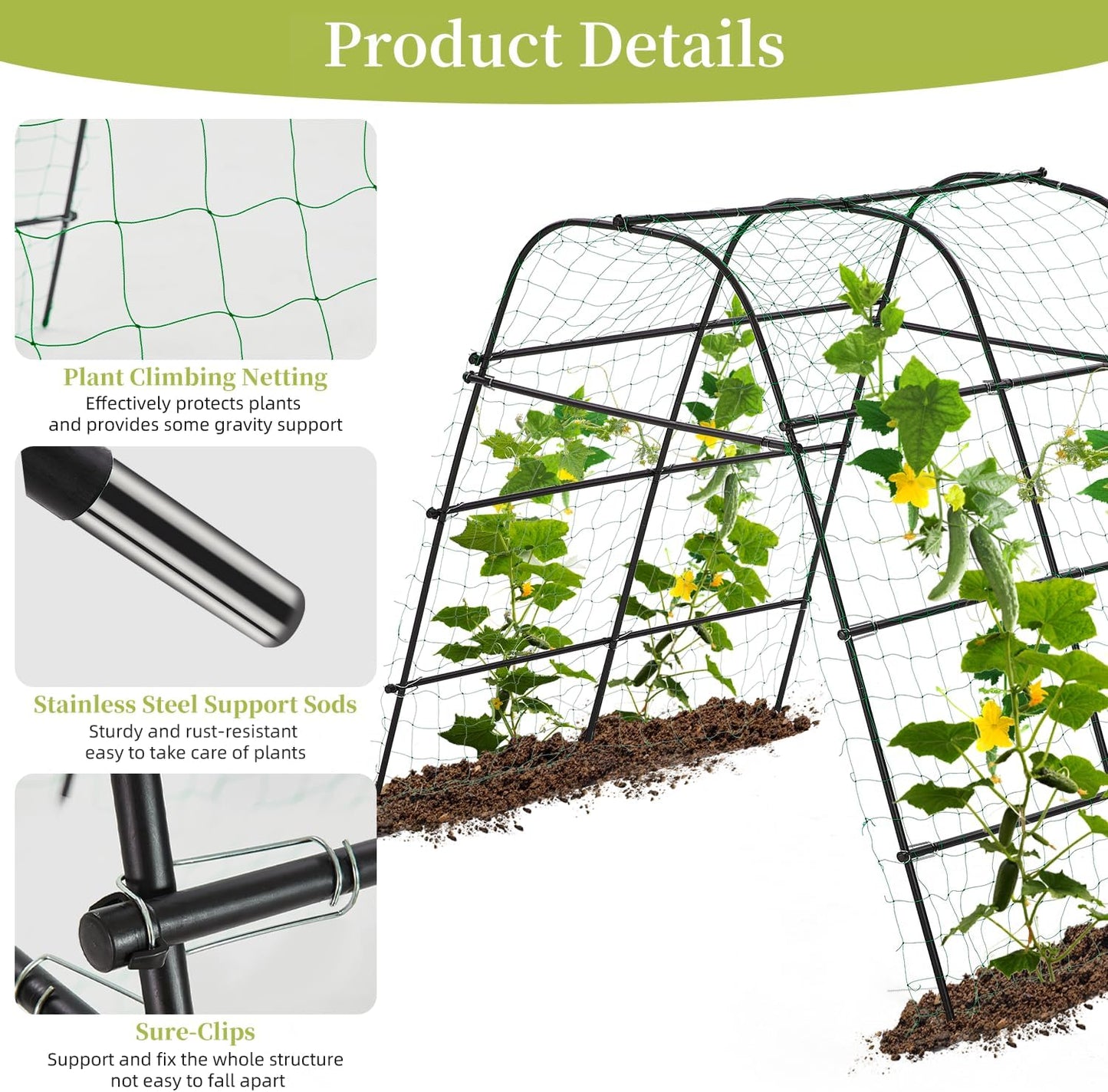 Cucumber Trellis for Raised Bed 67" x 67" U-Frame Garden Arch Tunnel with Netting Vegetable Fruit Flower Lightweight Metal Plant Support for Climbing Plants Outdoor,Black