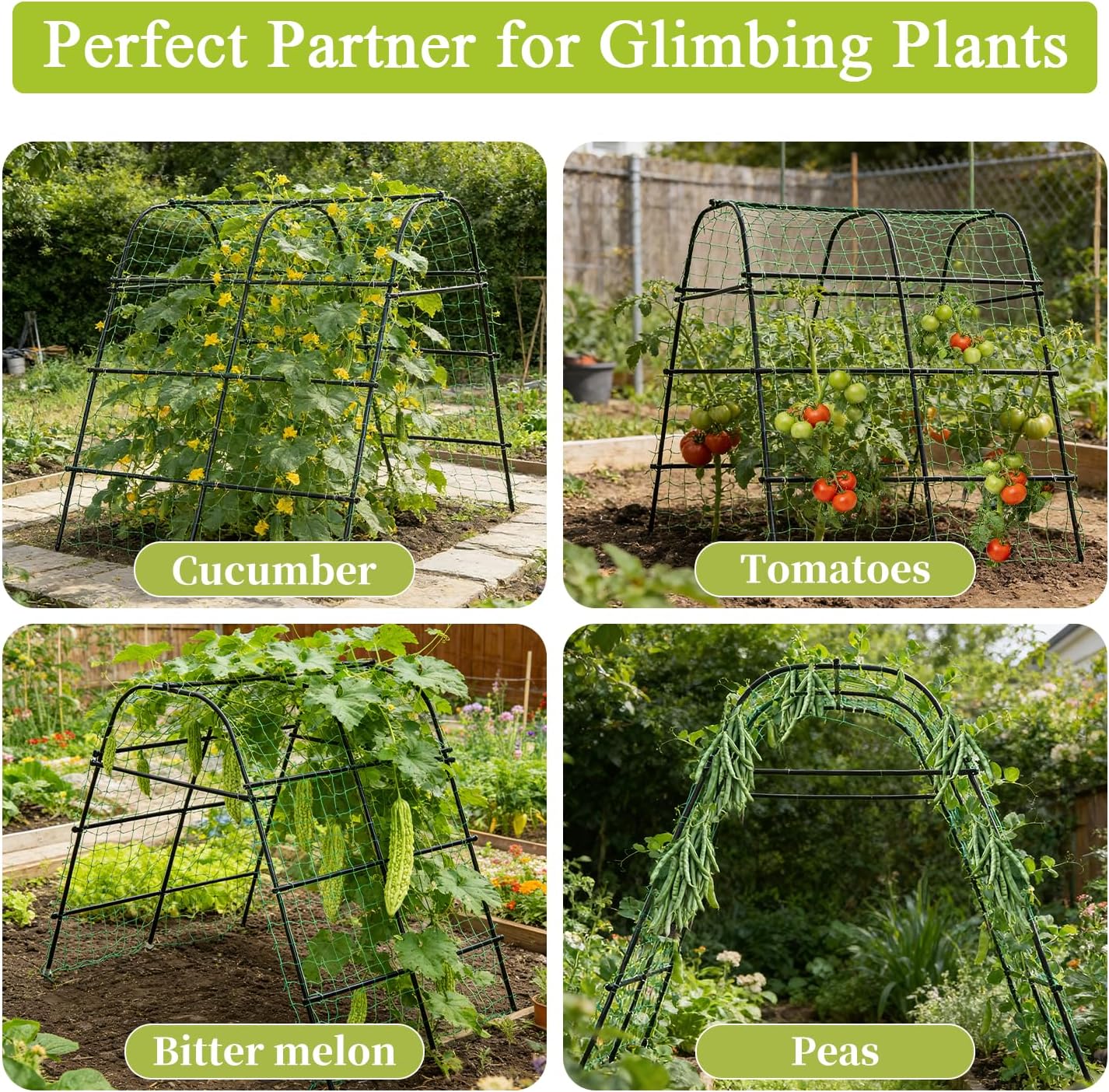 Cucumber Trellis for Raised Bed 67" x 67" U-Frame Garden Arch Tunnel with Netting Vegetable Fruit Flower Lightweight Metal Plant Support for Climbing Plants Outdoor,Black
