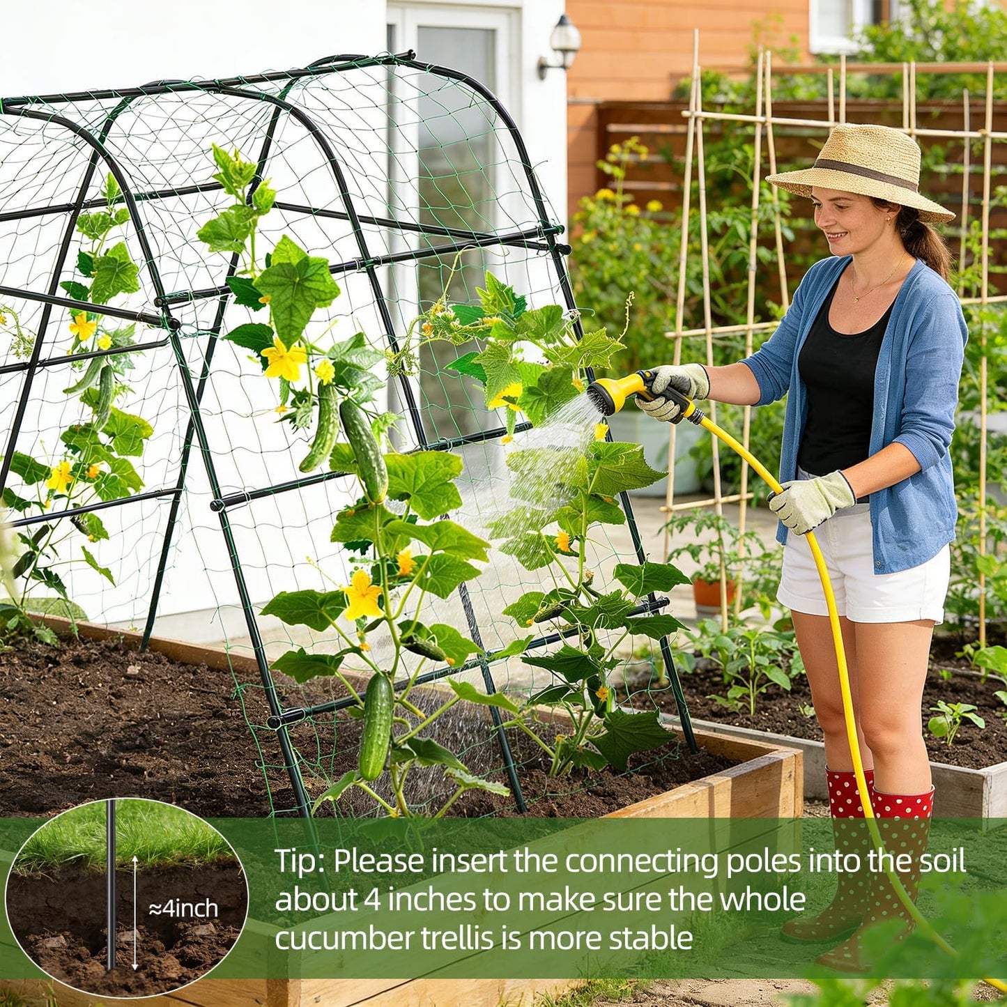 Cucumber Trellis for Raised Bed 67" x 67" U-Frame Garden Arch Tunnel with Netting Vegetable Fruit Flower Lightweight Metal Plant Support for Climbing Plants Outdoor,Black