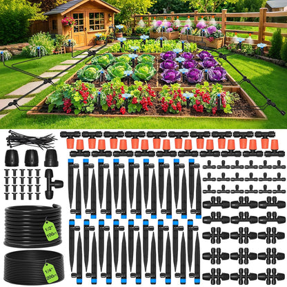 300FT Drip Irrigation System Kit, Automatic Garden Misting Watering System with 100FT 1/2" & 200FT 1/4" Irrigation Tubing, Fitting, Adjustable Emitter for Greenhouse Lawn Raised Bed Potted Plant
