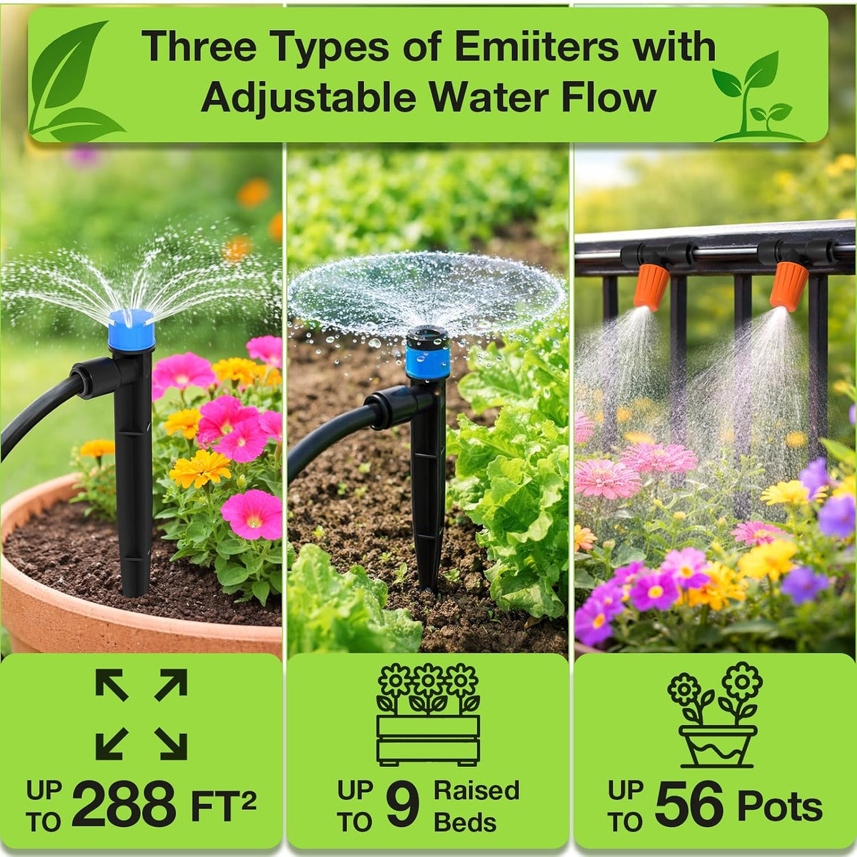 300FT Drip Irrigation System Kit, Automatic Garden Misting Watering System with 100FT 1/2" & 200FT 1/4" Irrigation Tubing, Fitting, Adjustable Emitter for Greenhouse Lawn Raised Bed Potted Plant