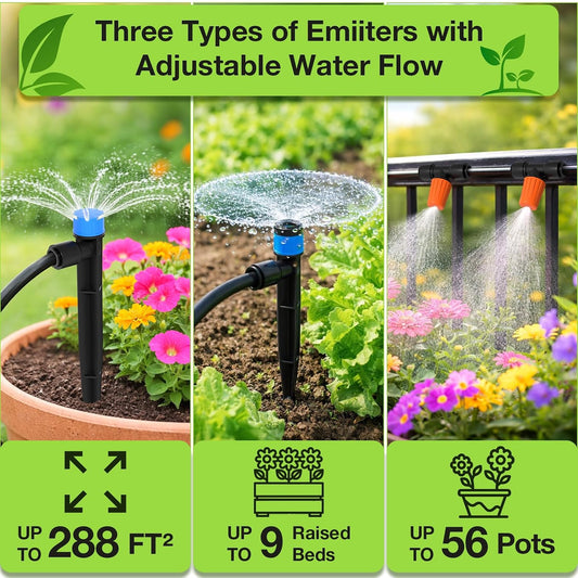 300FT Drip Irrigation System Kit, Automatic Garden Misting Watering System with 100FT 1/2" & 200FT 1/4" Irrigation Tubing, Fitting, Adjustable Emitter for Greenhouse Lawn Raised Bed Potted Plant