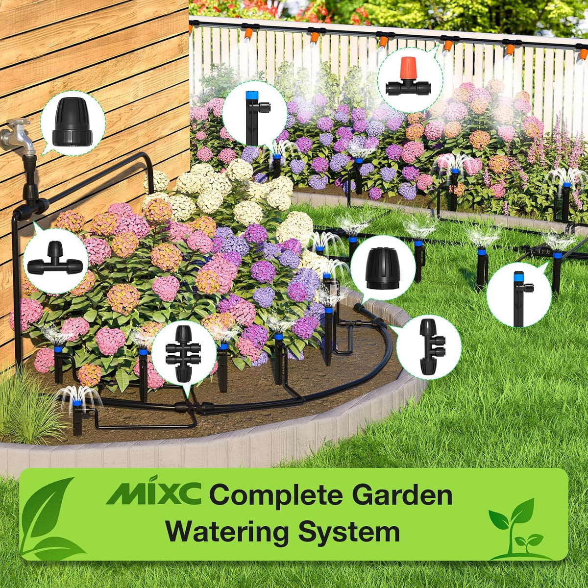 300FT Drip Irrigation System Kit, Automatic Garden Misting Watering System with 100FT 1/2" & 200FT 1/4" Irrigation Tubing, Fitting, Adjustable Emitter for Greenhouse Lawn Raised Bed Potted Plant